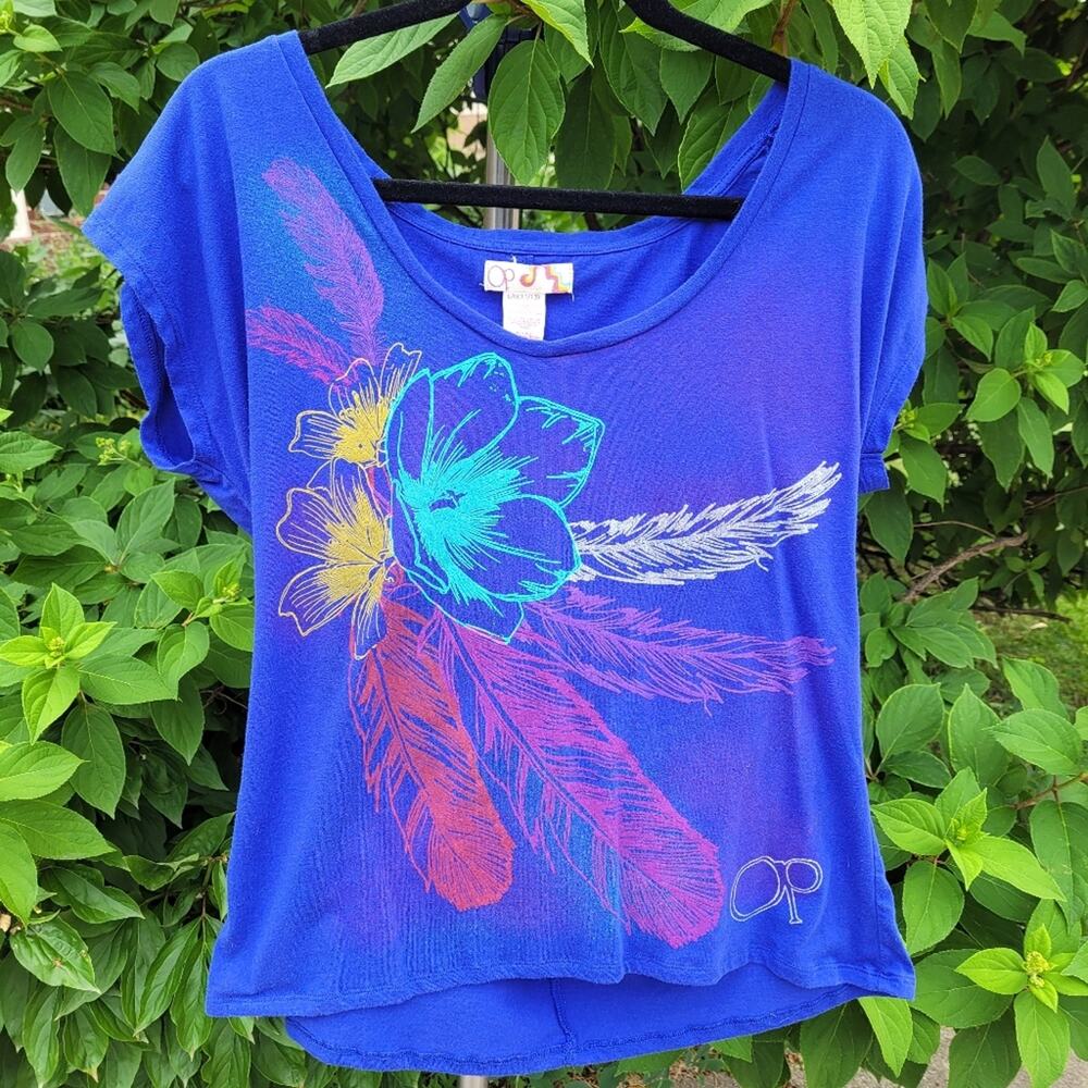 Op Floral & Feather Graphic Royal Indigo Top size Large Juniors (11-13)